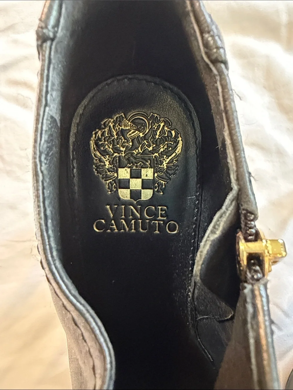 Vince Camuto Black Quilted Cap-Toe Leather Ankle Booties with Gold Zipper